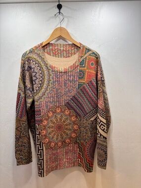 Art to Wear Vintage-Inspired Multicolor Patchwork Wool Blend Knit Sweater 2XL